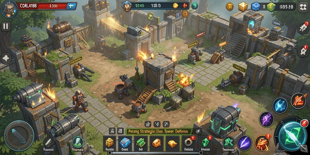 Tangkapan layar gameplay menampilkan aksi menegangkan Tower Defense.