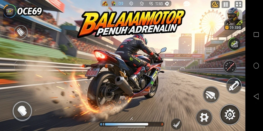Gameplay seru OCE69 saat balapan motor di trek yang menantang.