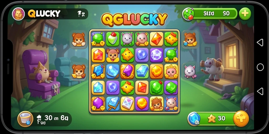 Screenshot menunjukkan momen seru dalam permainan Match-3 QGLUCKY.