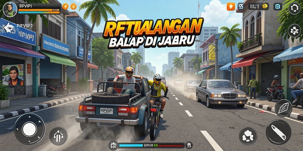 Tampilan gameplay RPVIP1 dengan mobil balap melaju kencang di trek.